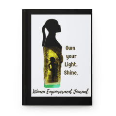 writing journal featuring painted bottle and the words "Own your light. Shine"