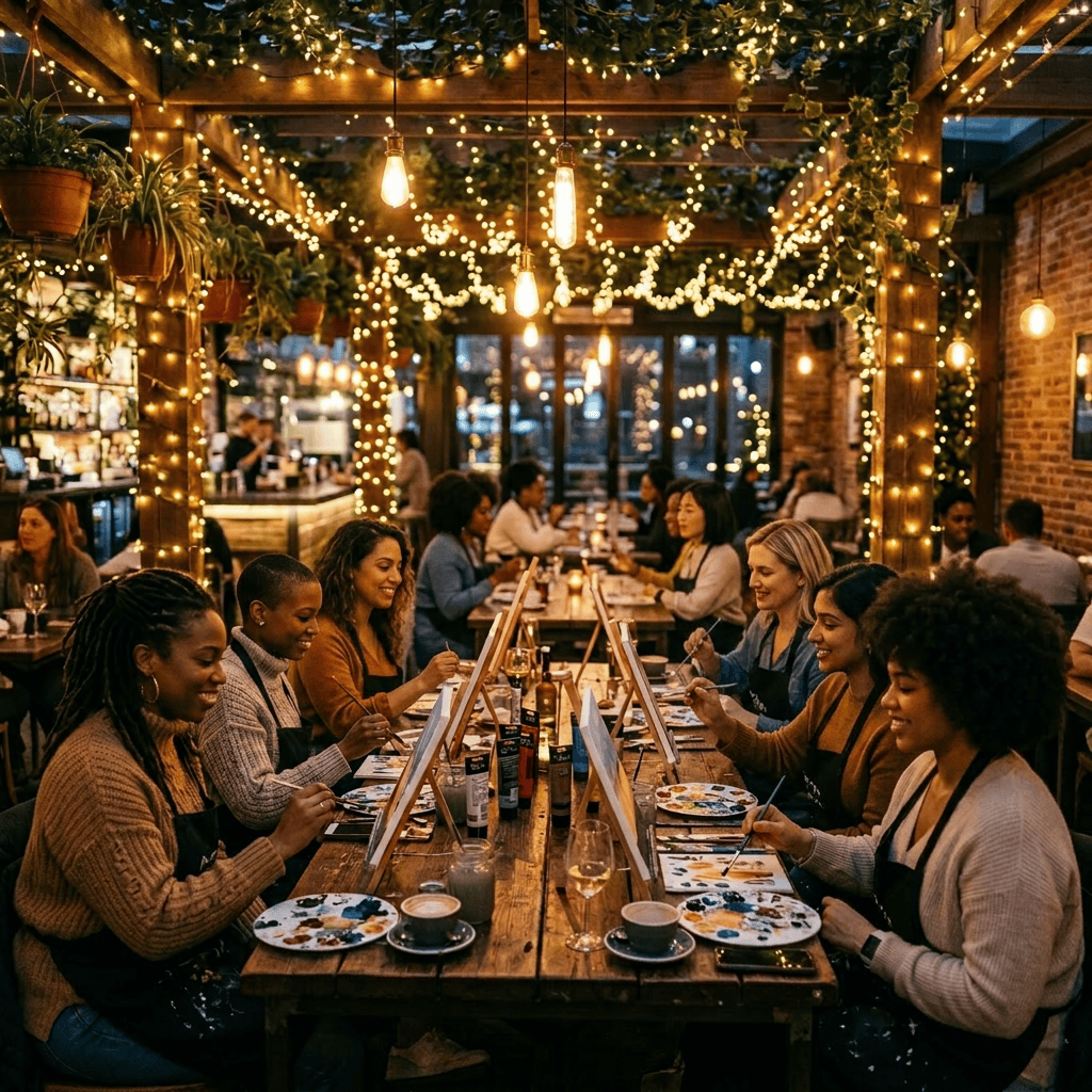 People painting on canvases at a long table with art supplies and drinks under string lights