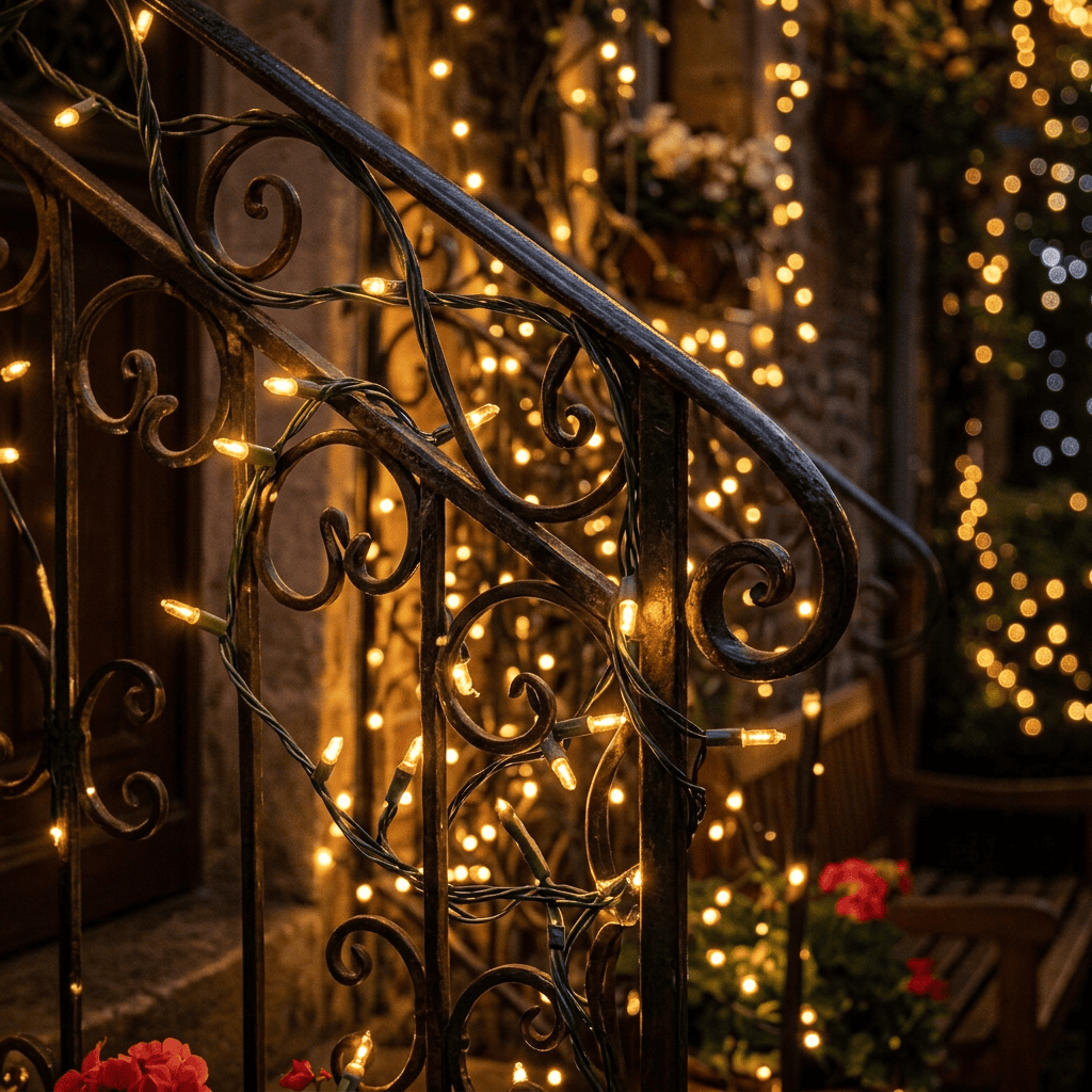 Medieval cobblestone lane decorated with lanterns and glowing string lights
